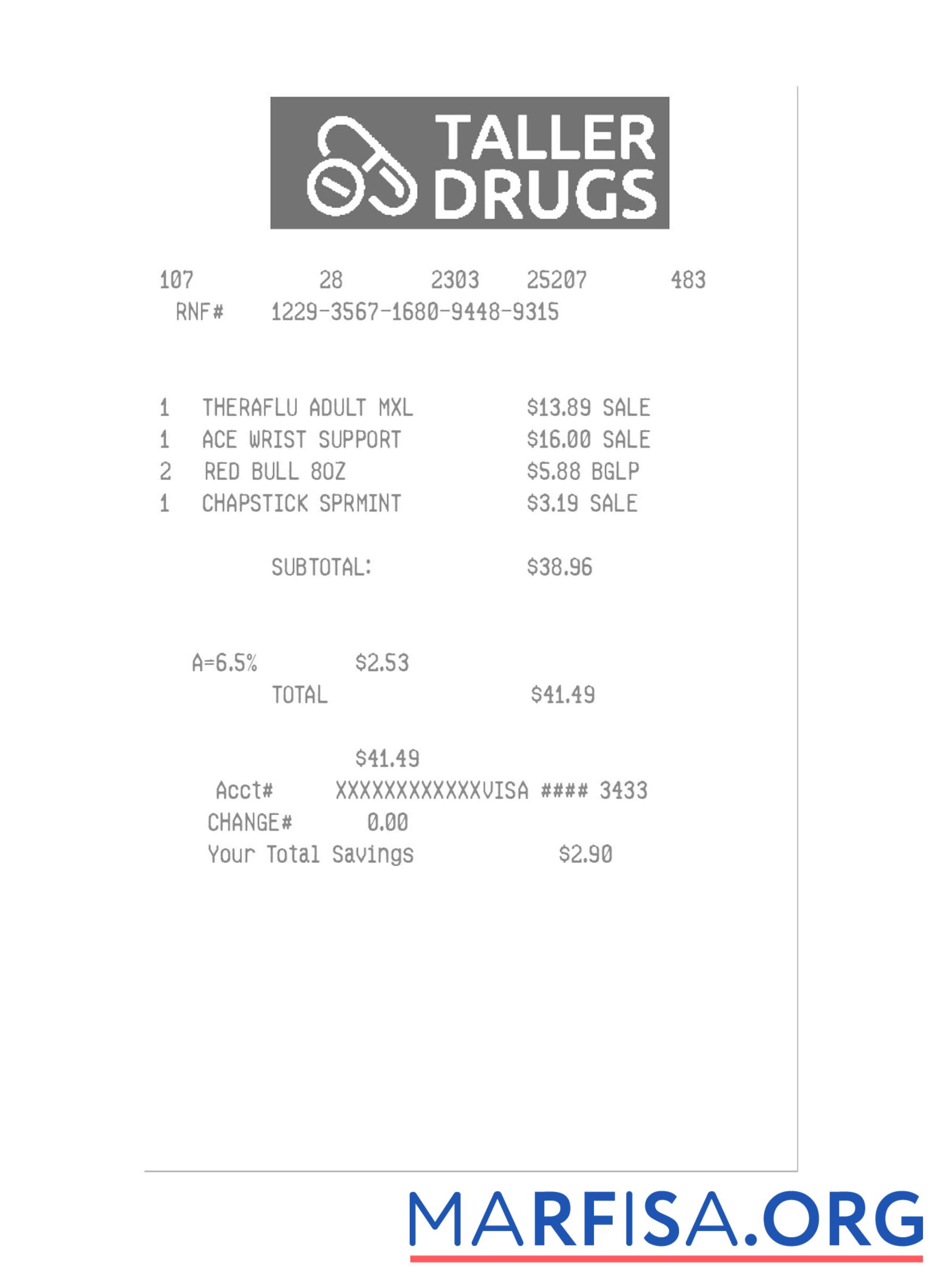 Realistic TALLER DRUGS payment receipt sample